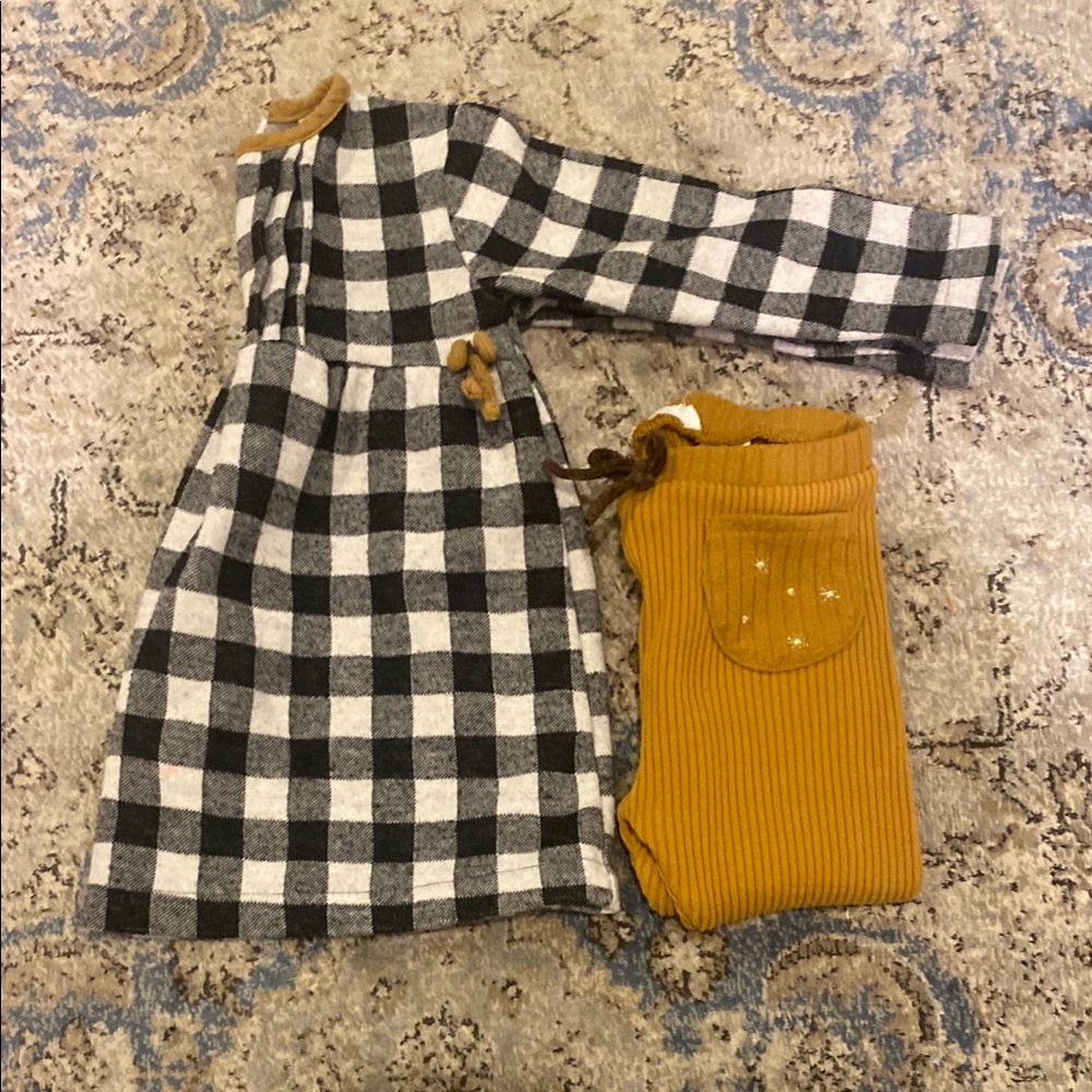 Plaid Dress and Mustard Pants Set